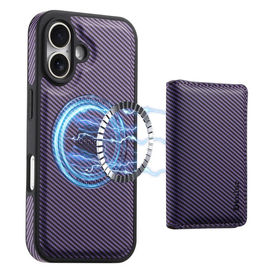 Pour iPhone 16 Denior Étui de téléphone MagSafe en cuir texturé fibre de carbone avec fentes pour cartes (Violet)