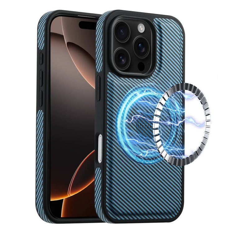 For iPhone 16 Pro Max Denior Carbon Fiber Texture Leather MagSafe Phone Case(Blue)