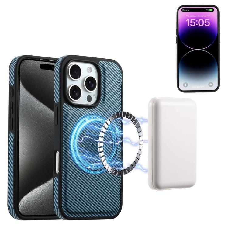 For iPhone 16 Pro Max Denior Carbon Fiber Texture Leather MagSafe Phone Case(Blue)