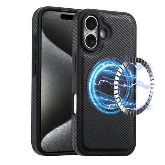 For iPhone 16 Plus Denior Carbon Fiber Texture Leather MagSafe Phone Case(Black)