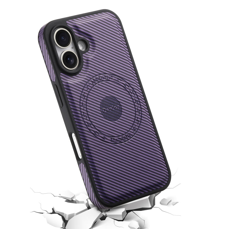 For iPhone 16 Plus Denior Carbon Fiber Texture Leather MagSafe Phone Case(Purple)