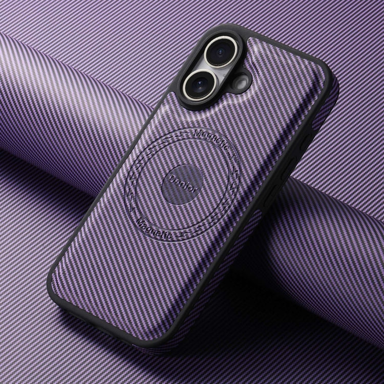 For iPhone 16 Plus Denior Carbon Fiber Texture Leather MagSafe Phone Case(Purple)