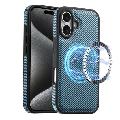 For iPhone 16 Denior Carbon Fiber Texture Leather MagSafe Phone Case(Blue)
