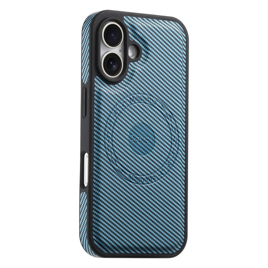 Pour iPhone 16 Denior Coque de téléphone MagSafe en cuir texture fibre de carbone (Bleu)