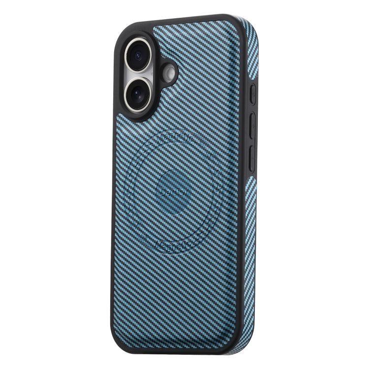 For iPhone 16 Denior Carbon Fiber Texture Leather MagSafe Phone Case(Blue)