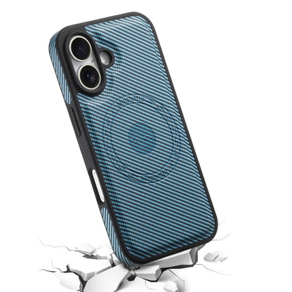 For iPhone 16 Denior Carbon Fiber Texture Leather MagSafe Phone Case(Blue)
