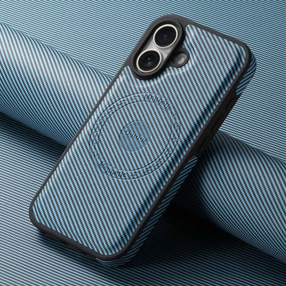 For iPhone 16 Denior Carbon Fiber Texture Leather MagSafe Phone Case(Blue)