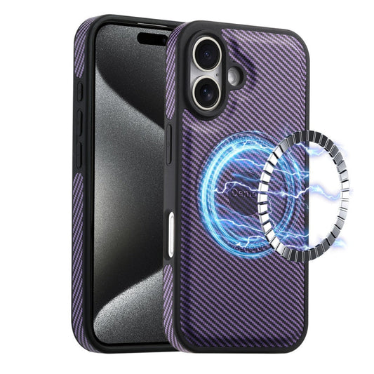 Pour iPhone 16 Denior Coque de téléphone en cuir texturé en fibre de carbone MagSafe (Violet)