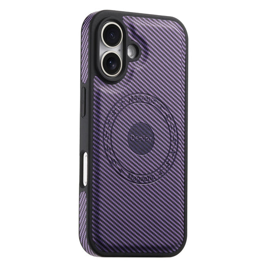 Pour iPhone 16 Denior Coque de téléphone en cuir texturé en fibre de carbone MagSafe (Violet)