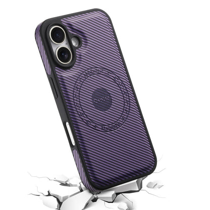 For iPhone 16 Denior Carbon Fiber Texture Leather MagSafe Phone Case(Purple)