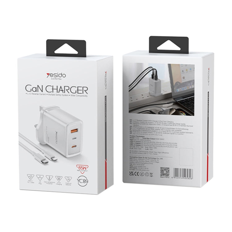 Chargeur rapide GaN Yesido YC89 65W Type-C, USB, 8 broches inversées avec câble Type-C vers 8 broches (prise britannique)