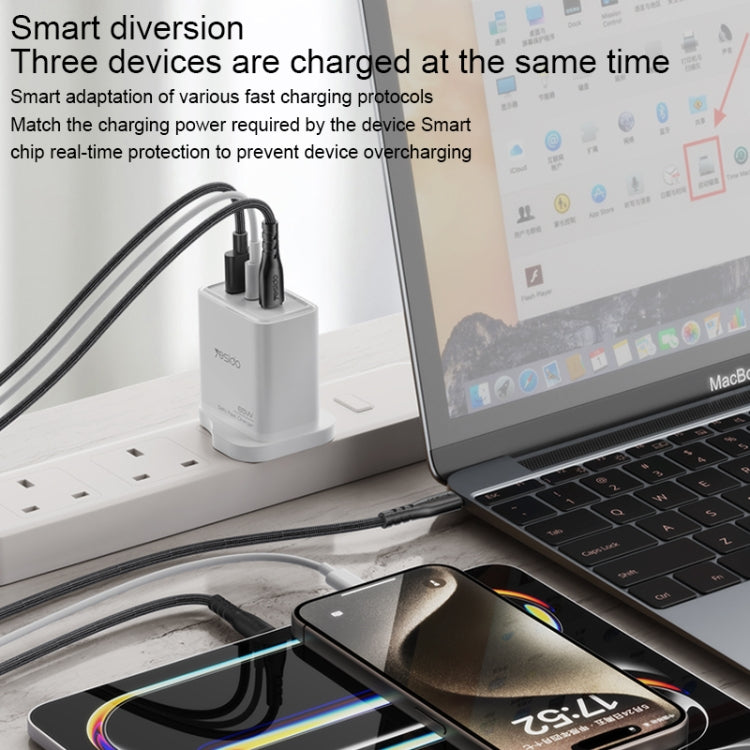 Chargeur rapide GaN Yesido YC89 65W Type-C, USB, 8 broches inversées avec câble Type-C vers 8 broches (prise britannique)