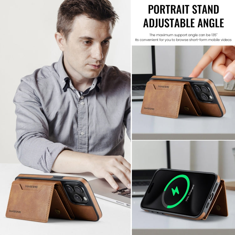 For iPhone 15 Pro Max MAGKING K2 Series MagSafe RFID Card Bag Detachable Phone Case(Brown)