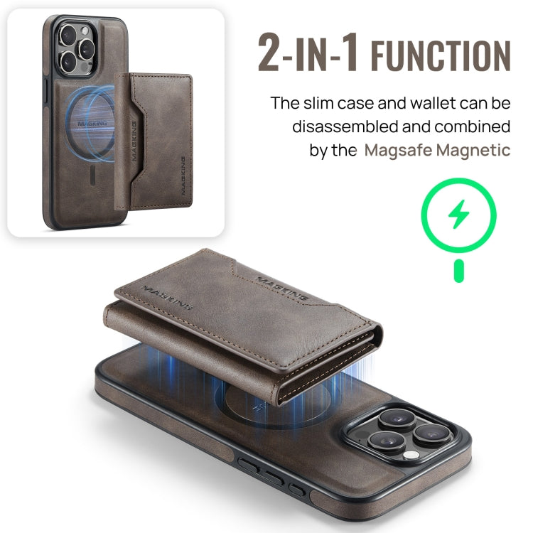 For iPhone 15 Pro Max MAGKING K2 Series MagSafe RFID Card Bag Detachable Phone Case(Coffee)