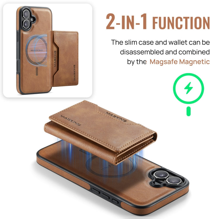 For iPhone 16 Plus MAGKING K2 Series MagSafe RFID Card Bag Detachable Phone Case(Brown)