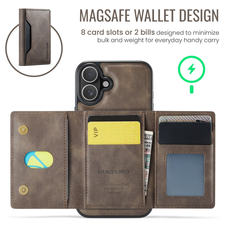 For iPhone 16 MAGKING K2 Series MagSafe RFID Card Bag Detachable Phone Case(Coffee)