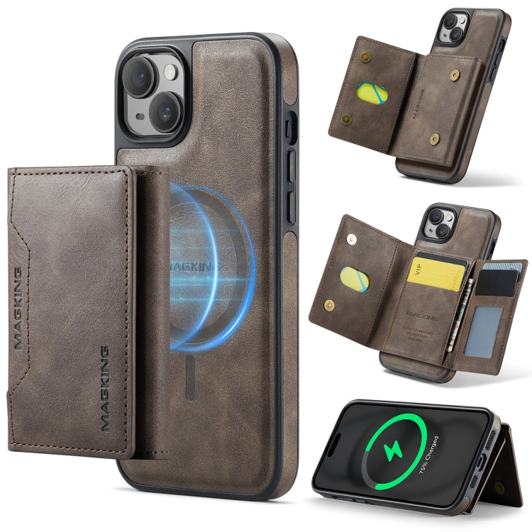 For iPhone 14 Plus MAGKING K2 Series MagSafe RFID Card Bag Detachable Phone Case(Coffee)