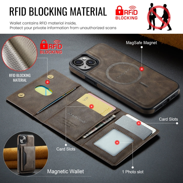 For iPhone 14 Plus MAGKING K2 Series MagSafe RFID Card Bag Detachable Phone Case(Coffee)