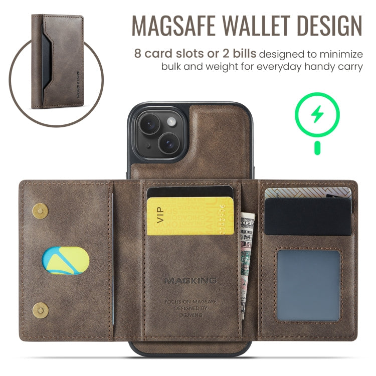 For iPhone 14 Plus MAGKING K2 Series MagSafe RFID Card Bag Detachable Phone Case(Coffee)