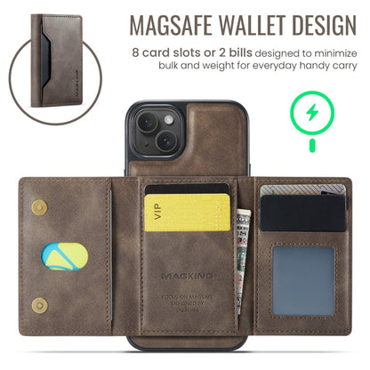 For iPhone 14 Plus MAGKING K2 Series MagSafe RFID Card Bag Detachable Phone Case(Coffee)