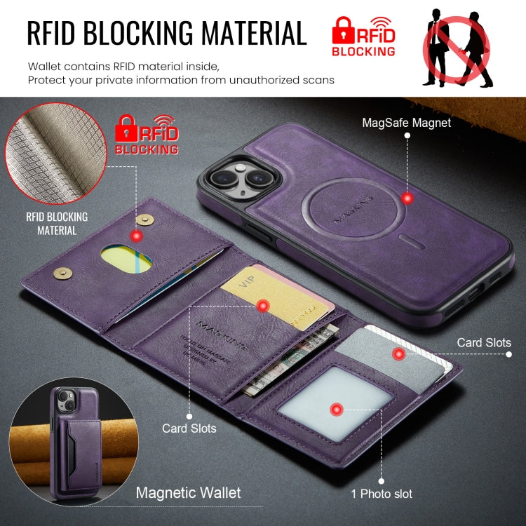 For iPhone 14 MAGKING K2 Series MagSafe RFID Card Bag Detachable Phone Case(Purple)