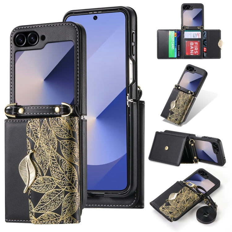 For Samsung Galaxy Z Flip6 / Flip7 FE POLA Multi-Card Slots Leaf Pattern Phone Case(Black)