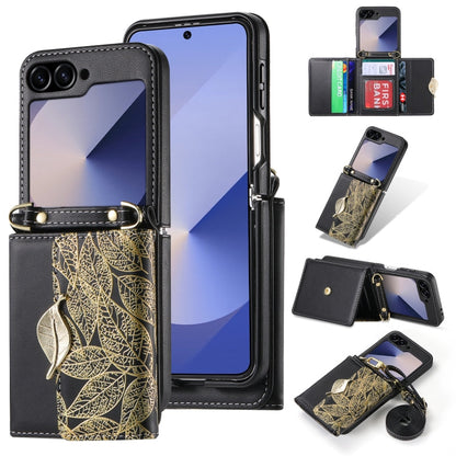 For Samsung Galaxy Z Flip6 / Flip7 FE POLA Multi-Card Slots Leaf Pattern Phone Case(Black)