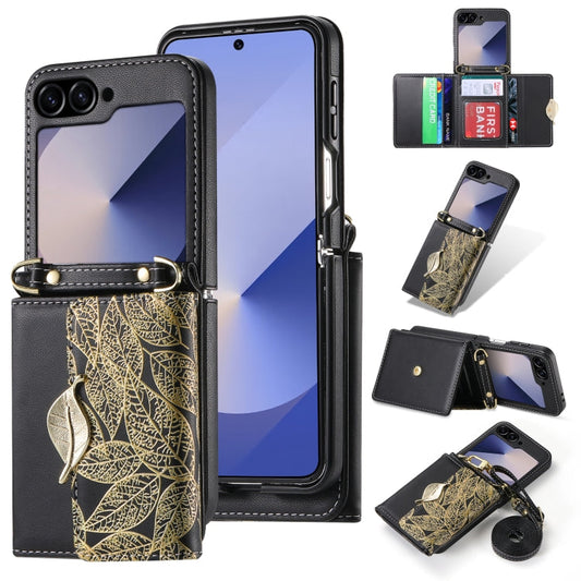 For Samsung Galaxy Z Flip6 / Flip7 FE POLA Multi-Card Slots Leaf Pattern Phone Case(Black)