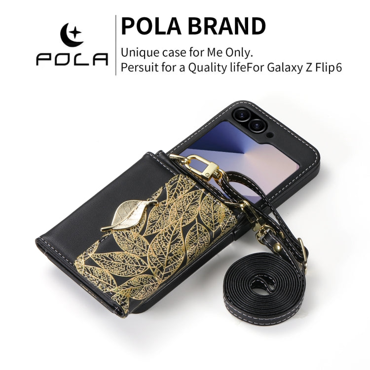 For Samsung Galaxy Z Flip6 / Flip7 FE POLA Multi-Card Slots Leaf Pattern Phone Case(Black)