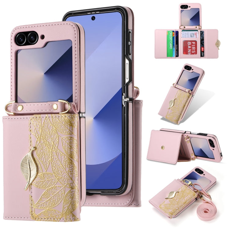 For Samsung Galaxy Z Flip6 / Flip7 FE POLA Multi-Card Slots Leaf Pattern Phone Case(Pink)
