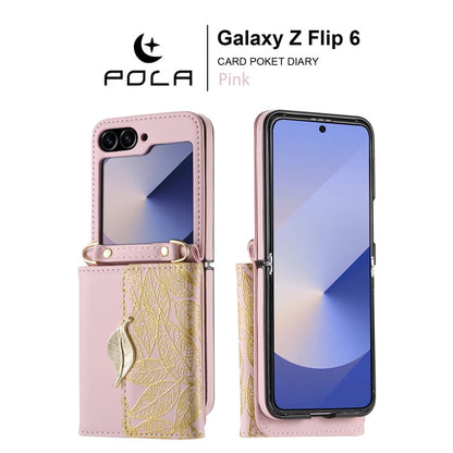For Samsung Galaxy Z Flip6 / Flip7 FE POLA Multi-Card Slots Leaf Pattern Phone Case(Pink)