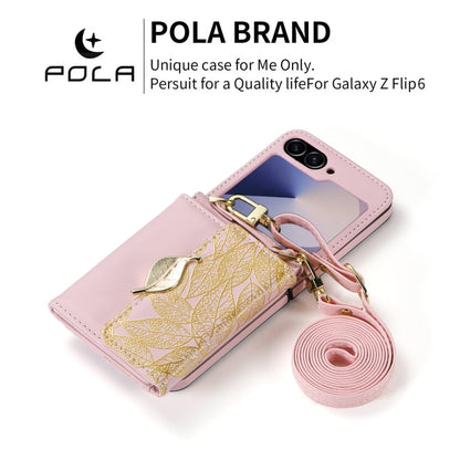 For Samsung Galaxy Z Flip6 / Flip7 FE POLA Multi-Card Slots Leaf Pattern Phone Case(Pink)