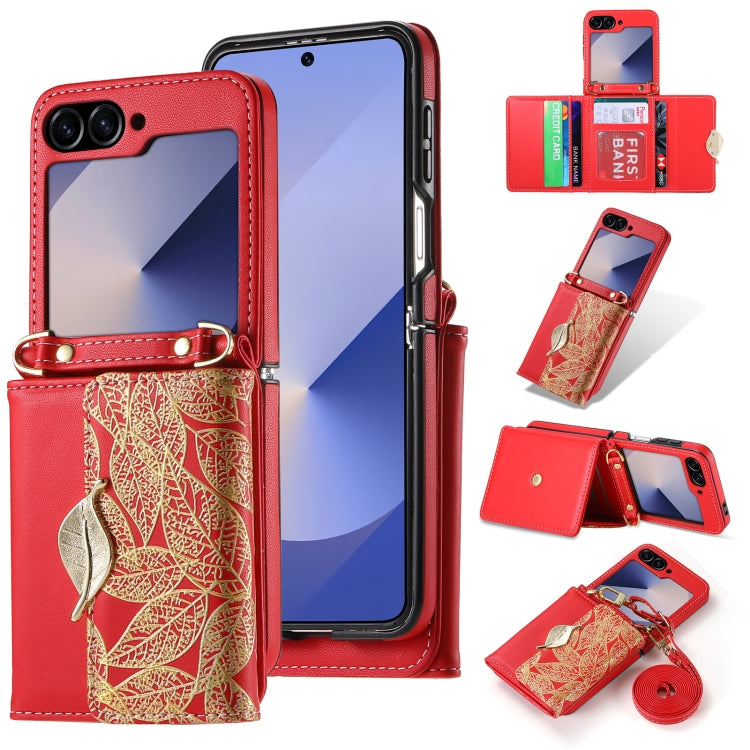 For Samsung Galaxy Z Flip6 / Flip7 FE POLA Multi-Card Slots Leaf Pattern Phone Case(Red)