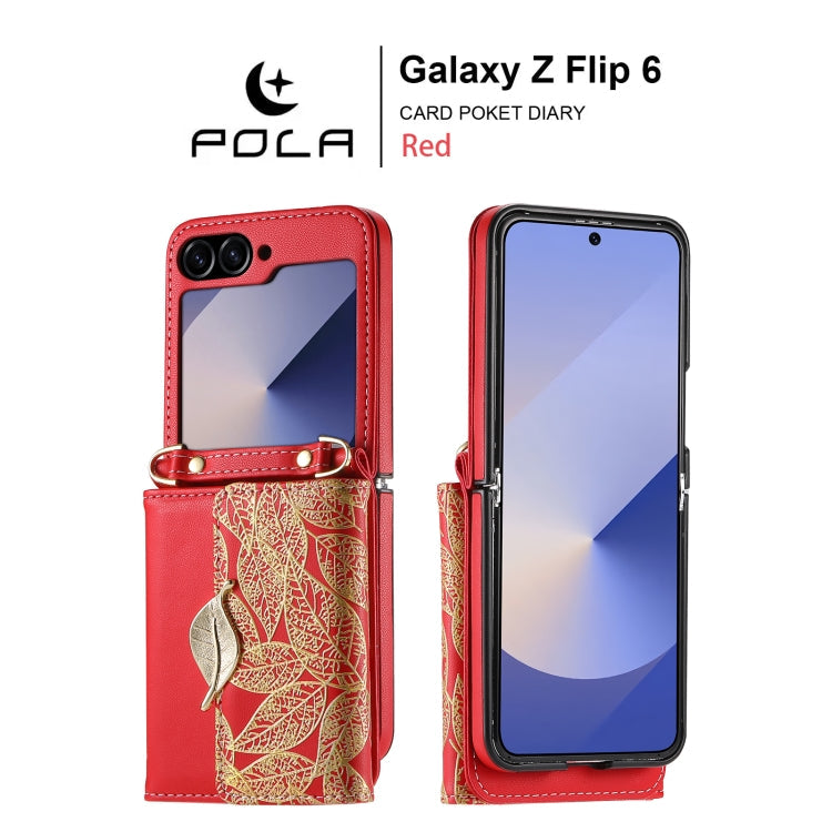 For Samsung Galaxy Z Flip6 / Flip7 FE POLA Multi-Card Slots Leaf Pattern Phone Case(Red)