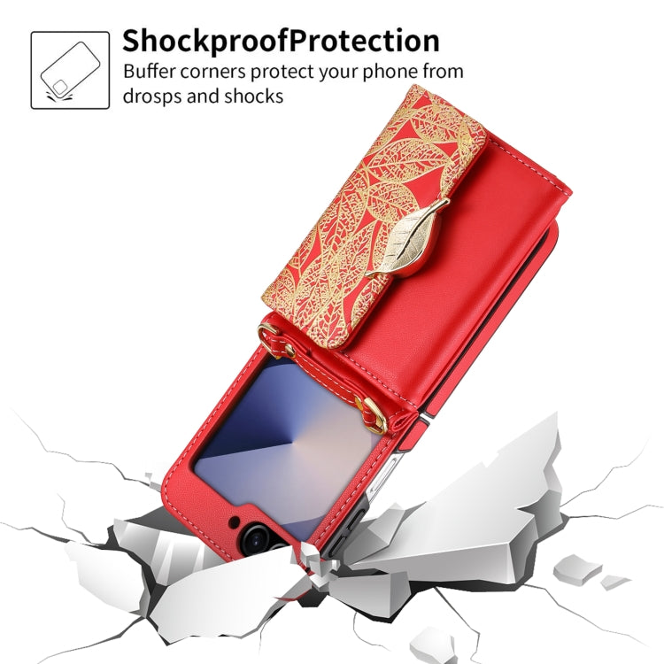 For Samsung Galaxy Z Flip6 / Flip7 FE POLA Multi-Card Slots Leaf Pattern Phone Case(Red)