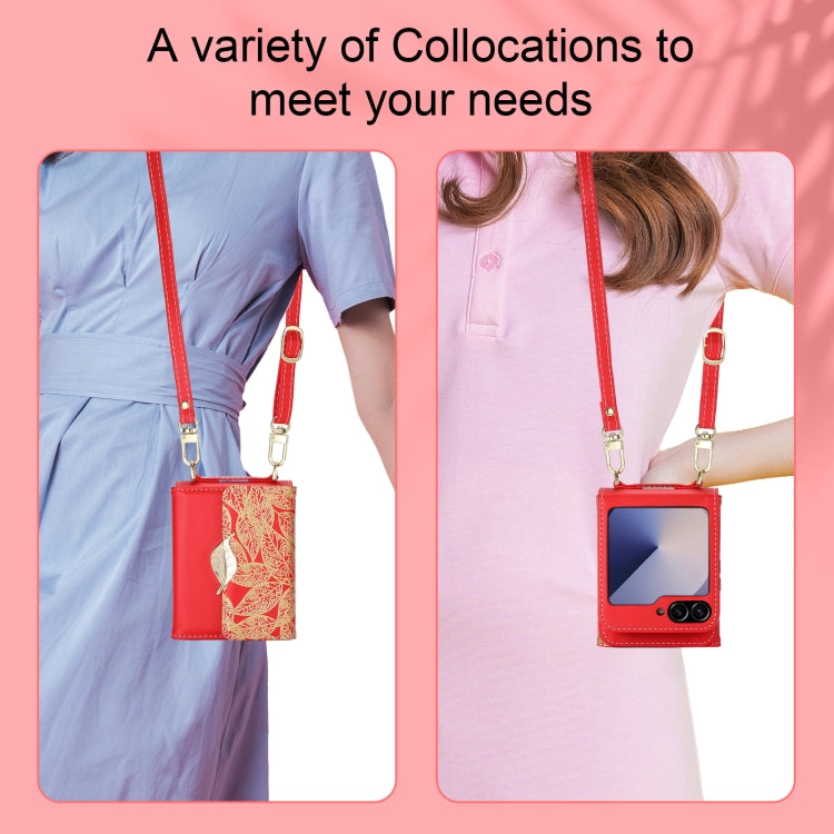 For Samsung Galaxy Z Flip6 / Flip7 FE POLA Multi-Card Slots Leaf Pattern Phone Case(Red)
