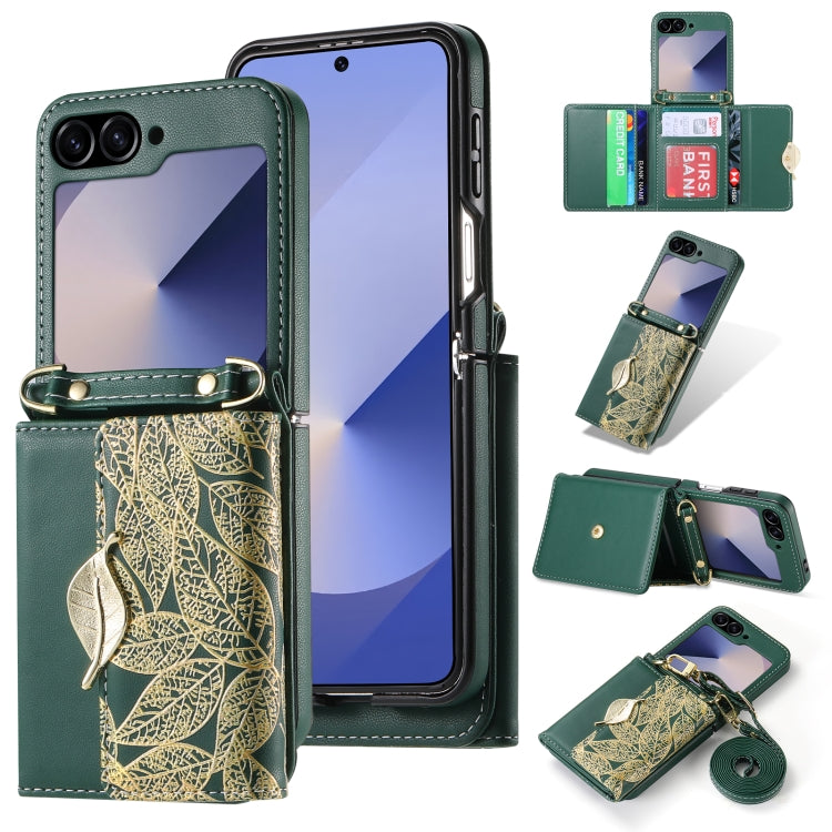 For Samsung Galaxy Z Flip6 / Flip7 FE POLA Multi-Card Slots Leaf Pattern Phone Case(Green)