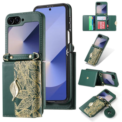 For Samsung Galaxy Z Flip6 / Flip7 FE POLA Multi-Card Slots Leaf Pattern Phone Case(Green)
