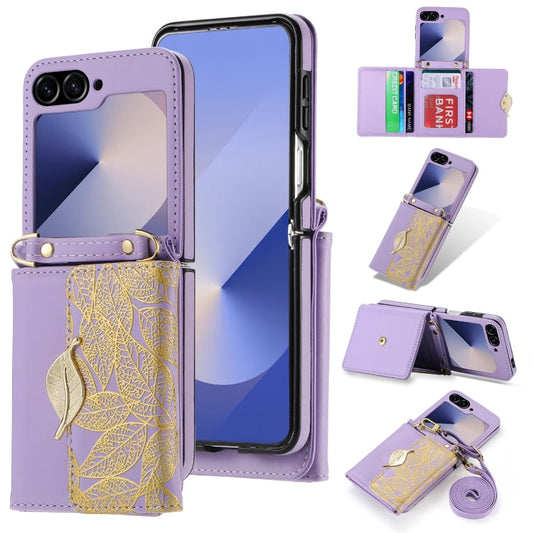 For Samsung Galaxy Z Flip6 / Flip7 FE POLA Multi-Card Slots Leaf Pattern Phone Case(Purple)