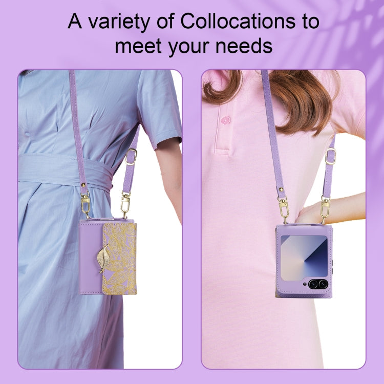 For Samsung Galaxy Z Flip6 / Flip7 FE POLA Multi-Card Slots Leaf Pattern Phone Case(Purple)