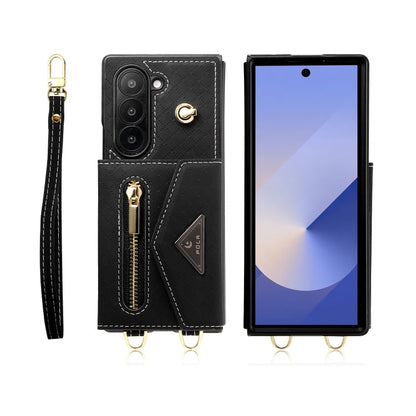 For Samsung Galaxy Z Fold6 POLA Grid Texture Multi-Card Slots Zipper Wallet Phone Case(Black)