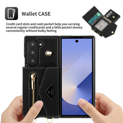 For Samsung Galaxy Z Fold6 POLA Grid Texture Multi-Card Slots Zipper Wallet Phone Case(Black)