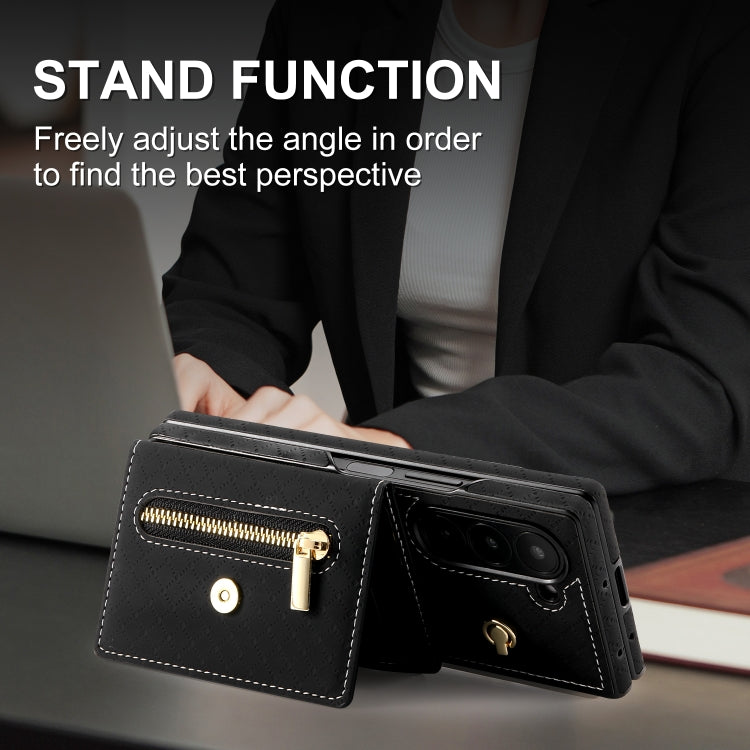 For Samsung Galaxy Z Fold6 POLA Grid Texture Multi-Card Slots Zipper Wallet Phone Case(Black)