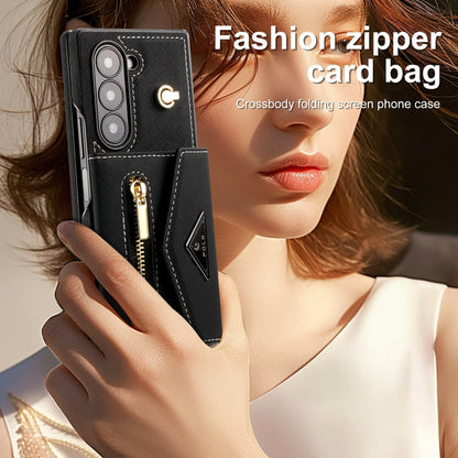 For Samsung Galaxy Z Fold6 POLA Grid Texture Multi-Card Slots Zipper Wallet Phone Case(Black)