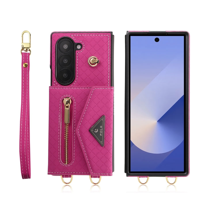 Pour Samsung Galaxy Z Fold6 Étui de téléphone portefeuille à fermeture éclair avec plusieurs fentes pour cartes et texture quadrillée POLA (rose rouge)