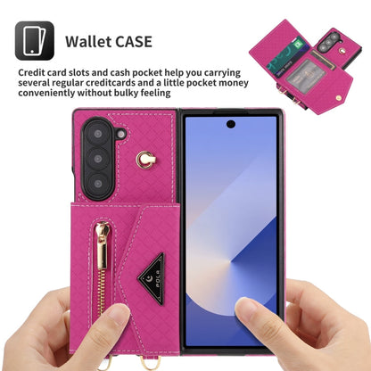 Pour Samsung Galaxy Z Fold6 Étui de téléphone portefeuille à fermeture éclair avec plusieurs fentes pour cartes et texture quadrillée POLA (rose rouge)