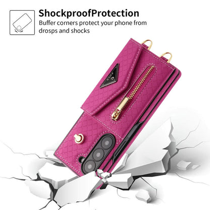 Pour Samsung Galaxy Z Fold6 Étui de téléphone portefeuille à fermeture éclair avec plusieurs fentes pour cartes et texture quadrillée POLA (rose rouge)