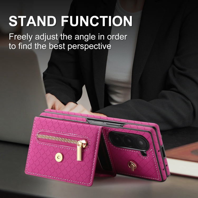Pour Samsung Galaxy Z Fold6 Étui de téléphone portefeuille à fermeture éclair avec plusieurs fentes pour cartes et texture quadrillée POLA (rose rouge)