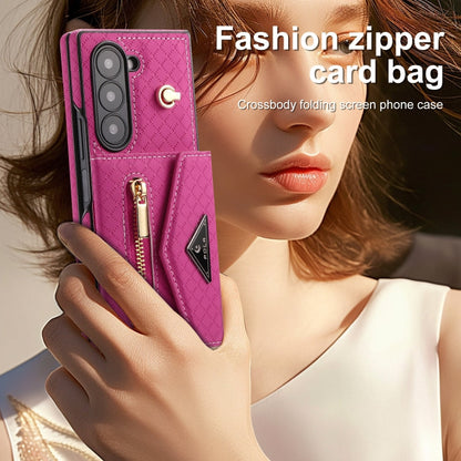 Pour Samsung Galaxy Z Fold6 Étui de téléphone portefeuille à fermeture éclair avec plusieurs fentes pour cartes et texture quadrillée POLA (rose rouge)