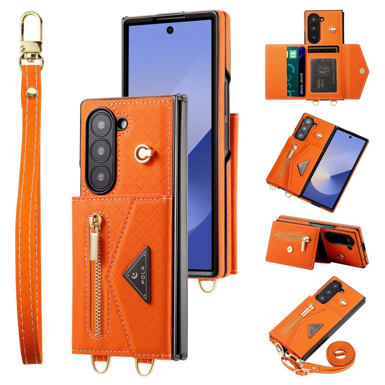 For Samsung Galaxy Z Fold6 POLA Grid Texture Multi-Card Slots Zipper Wallet Phone Case(Orange)
